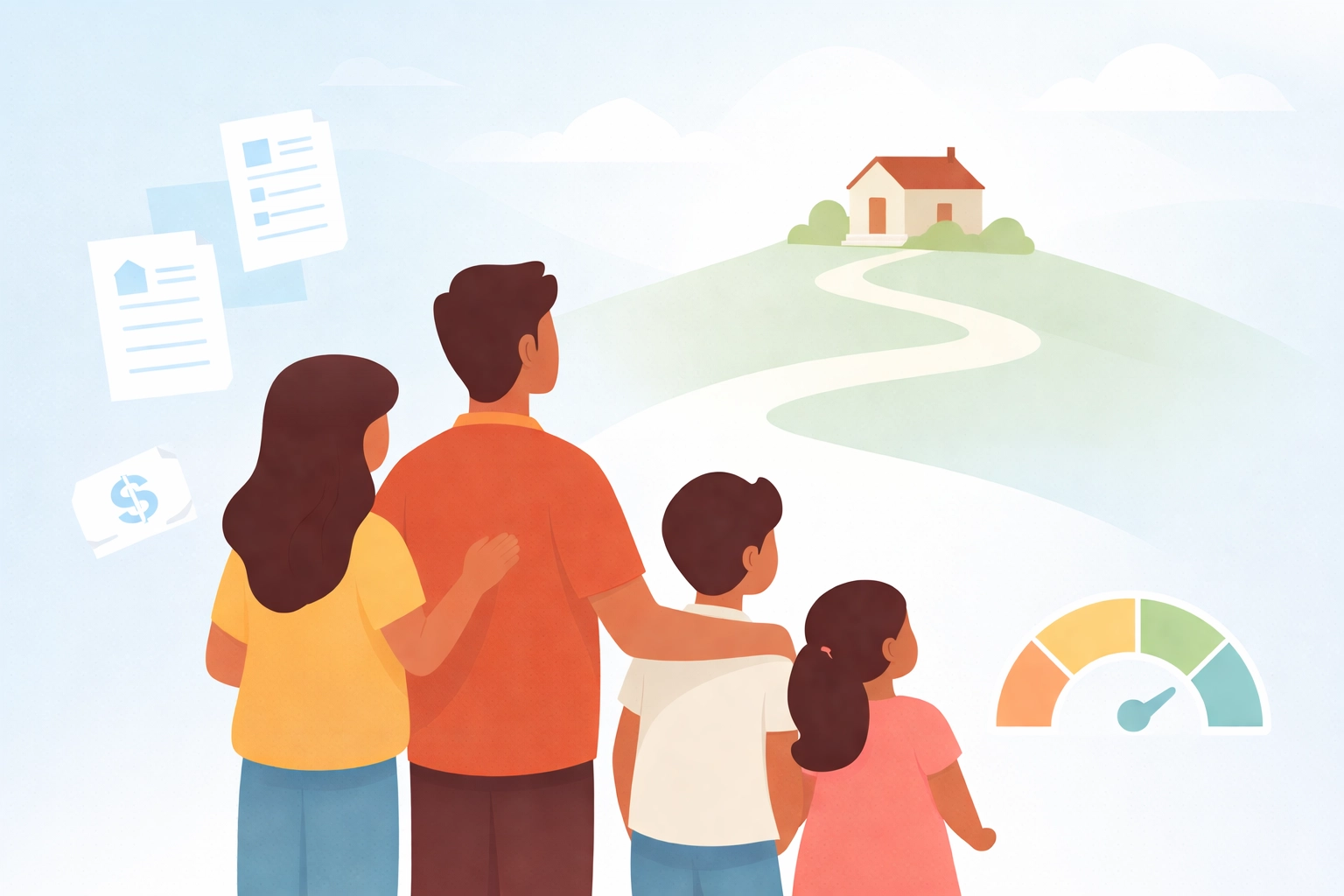 Familia latina observa una casa representando el objetivo de limpiar el crédito para comprar casa