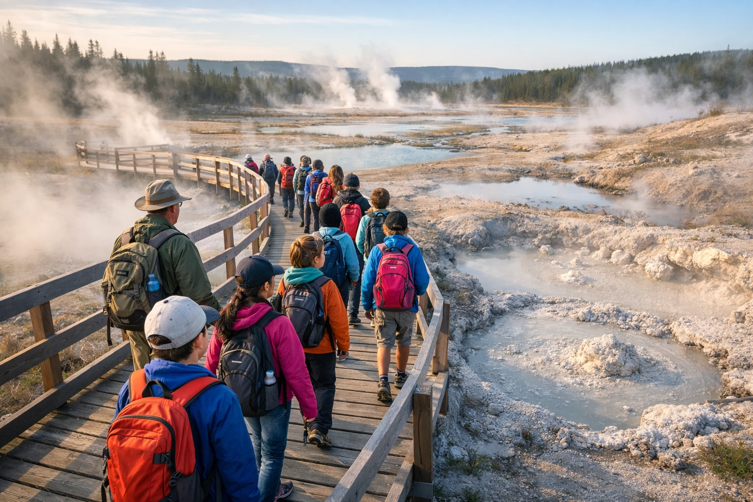 Students in outdoor gear exploring a Yellowstone geyser basin from a safe boardwalk during a school trip.