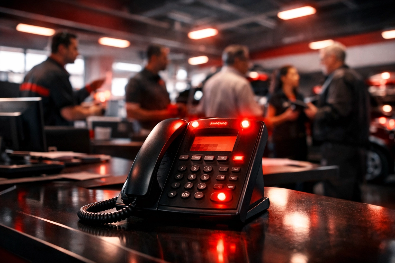 Busy dealership service department with ringing phone and overwhelmed service advisors