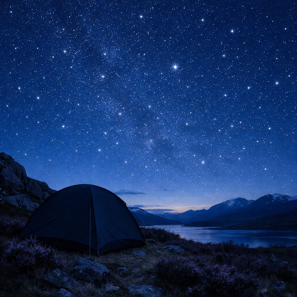 Wild camping adventure UK under a starry night sky in the Scottish Highlands.