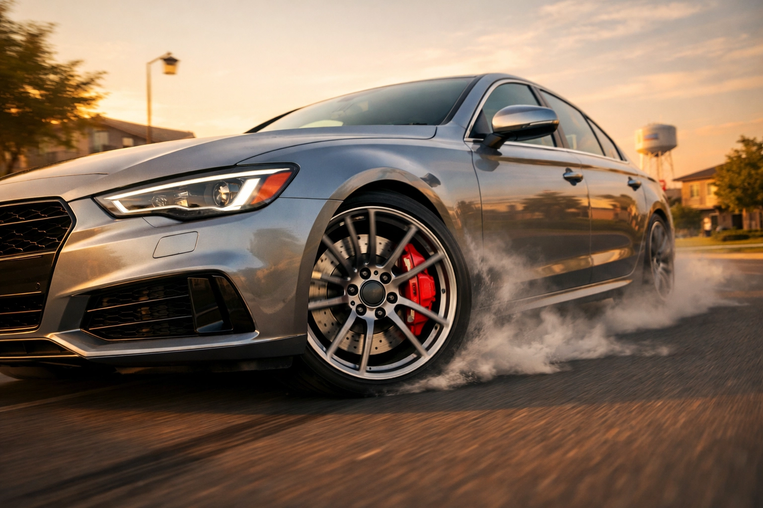 A European luxury car performing a safe stop in Pflugerville after brake repair services.
