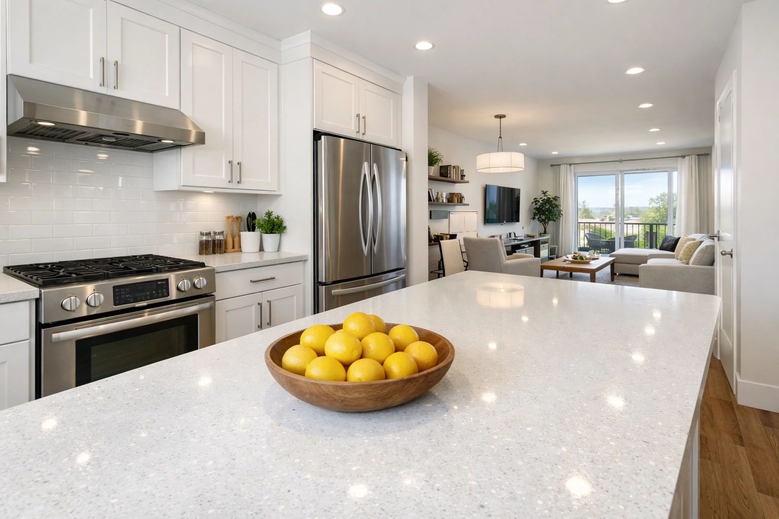 Deep cleaned modern apartment kitchen with sparkling countertops and move-in ready appliances.