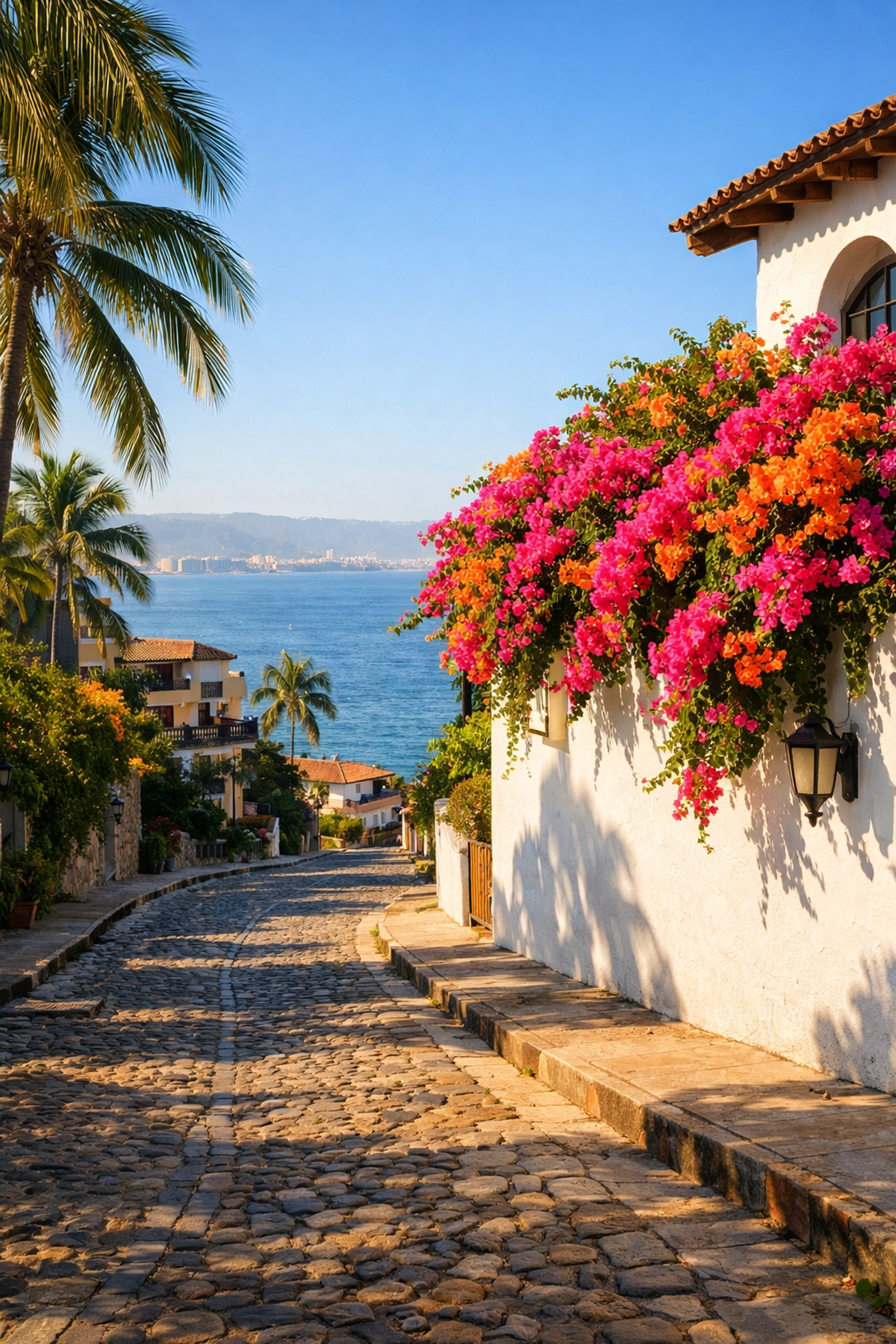 Peaceful cobblestone street in Amapas, Puerto Vallarta, with vibrant bougainvillea and ocean views.