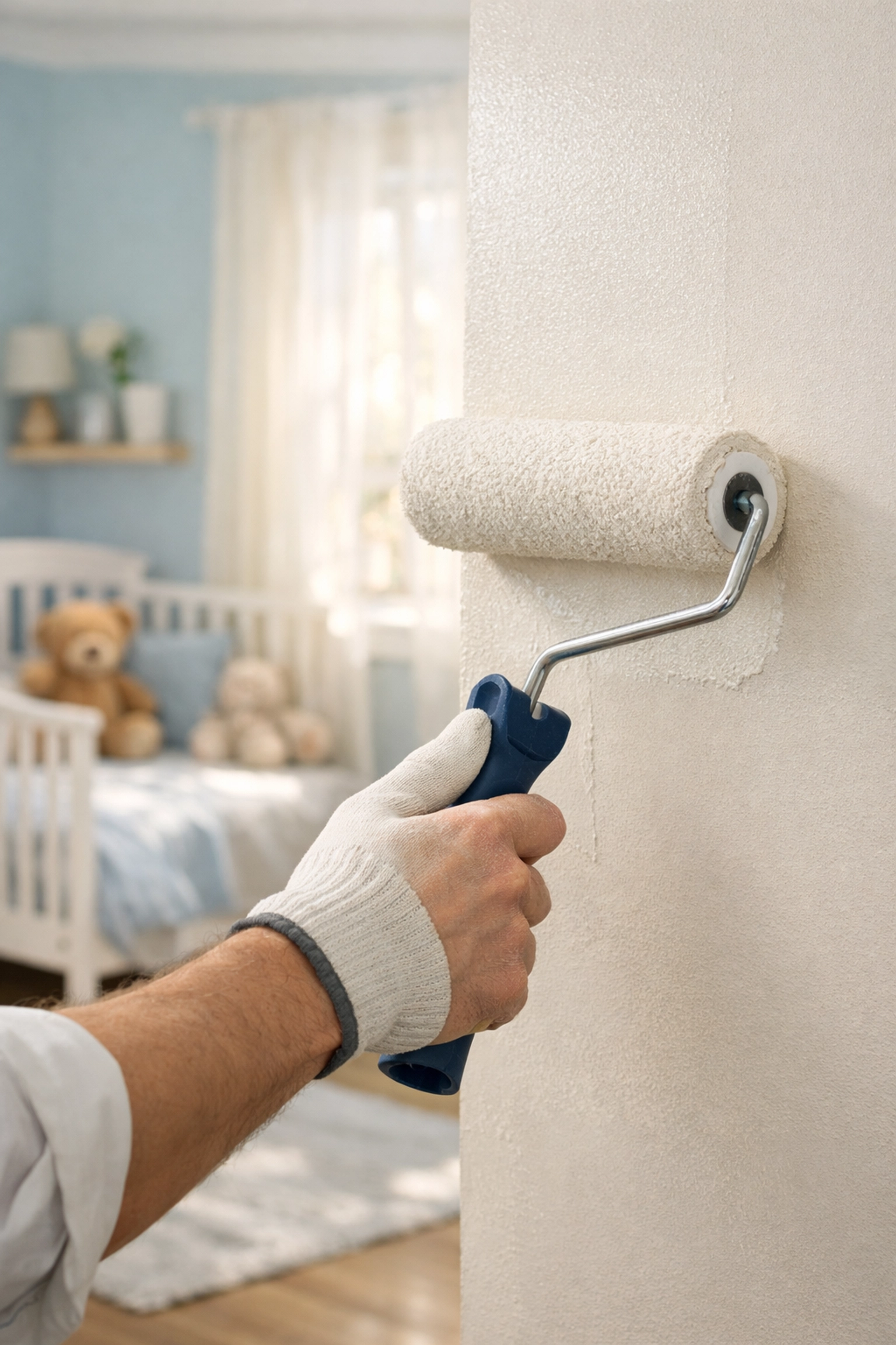 Professional painter applying low-VOC paint in family home with safe, clean technique