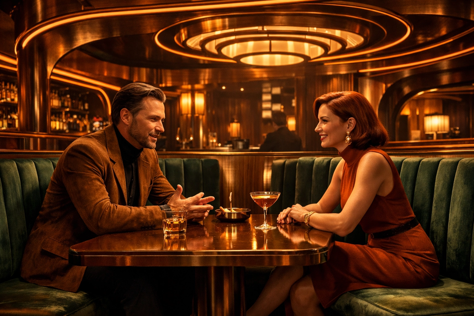 Two people in a stylish lounge having an open conversation about their hookup intentions.