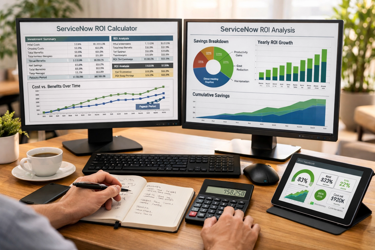 IT consultant calculating ServiceNow implementation ROI using data analytics