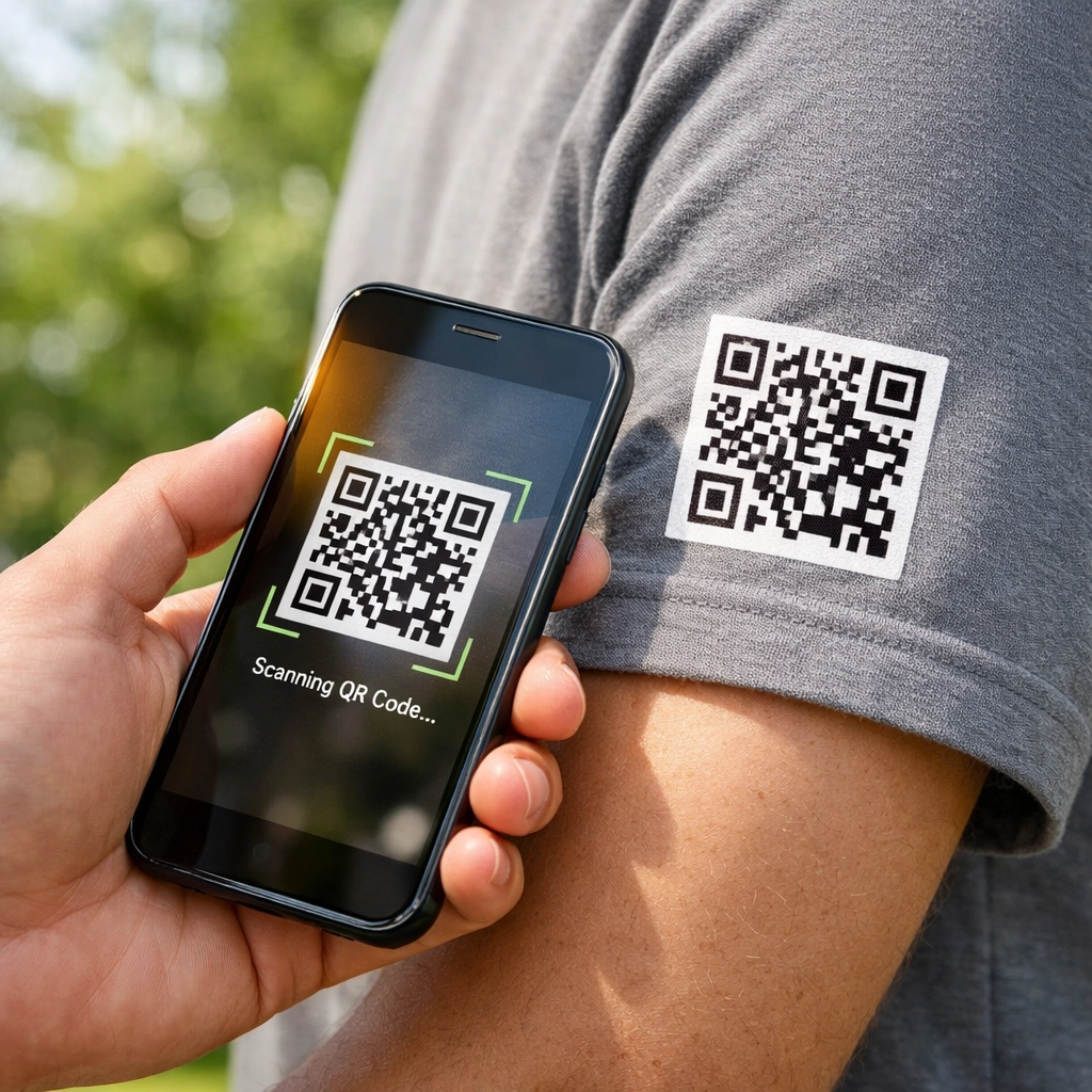 Smartphone scanning a custom QR code on a crew t-shirt sleeve for instant business leads.