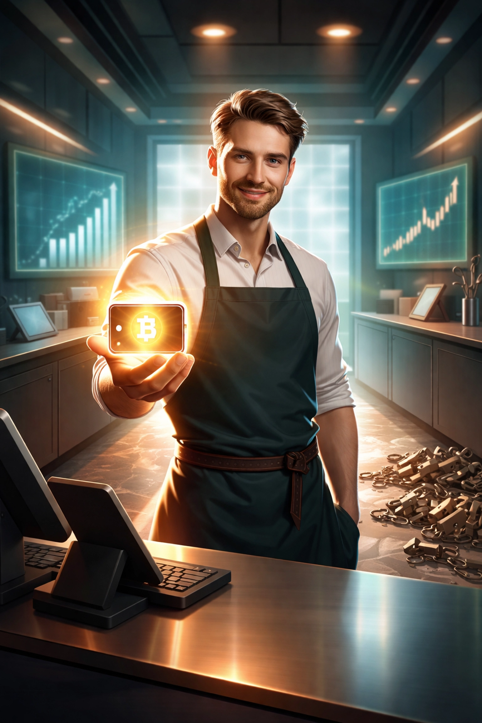 Merchant holding a digital wallet at a modern checkout, symbolizing self-custody and freedom from centralized payment processors