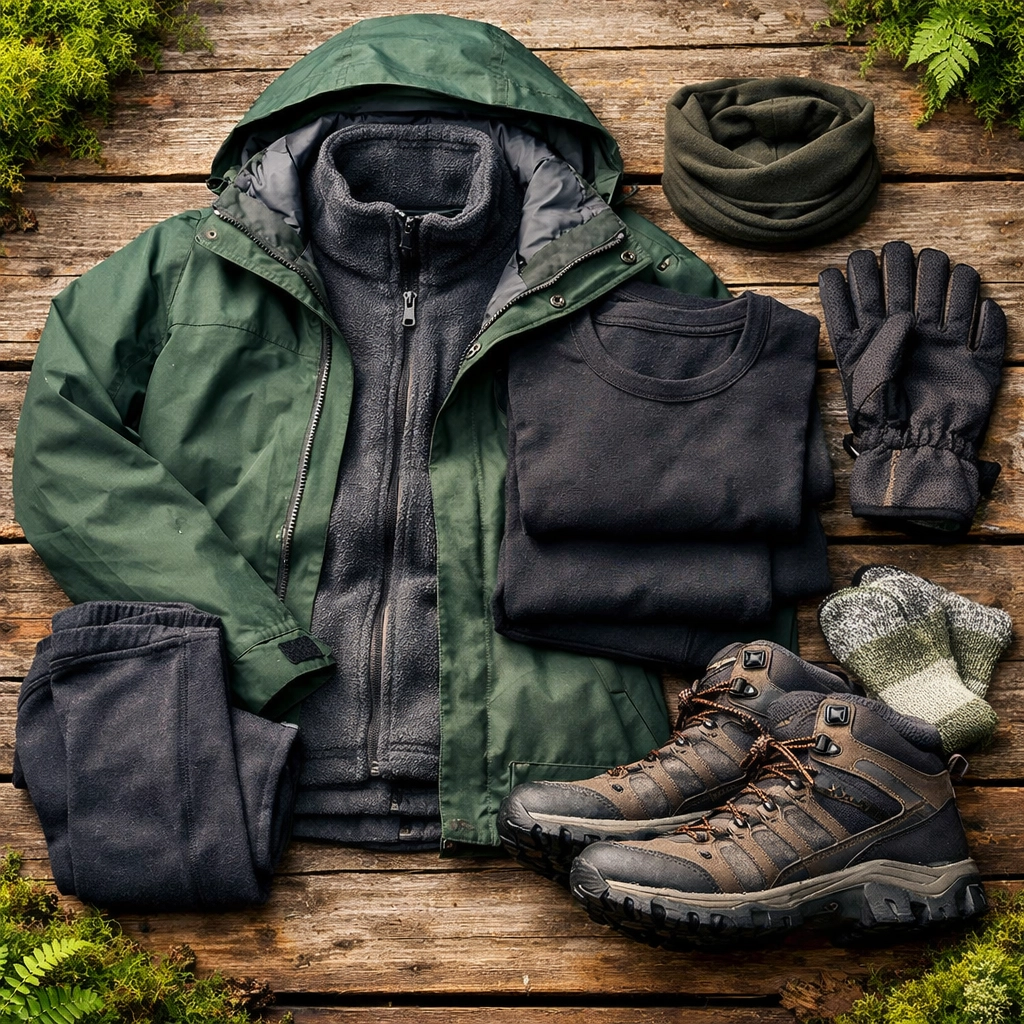 Essential layered clothing for UK wild camping including waterproof jacket and hiking boots