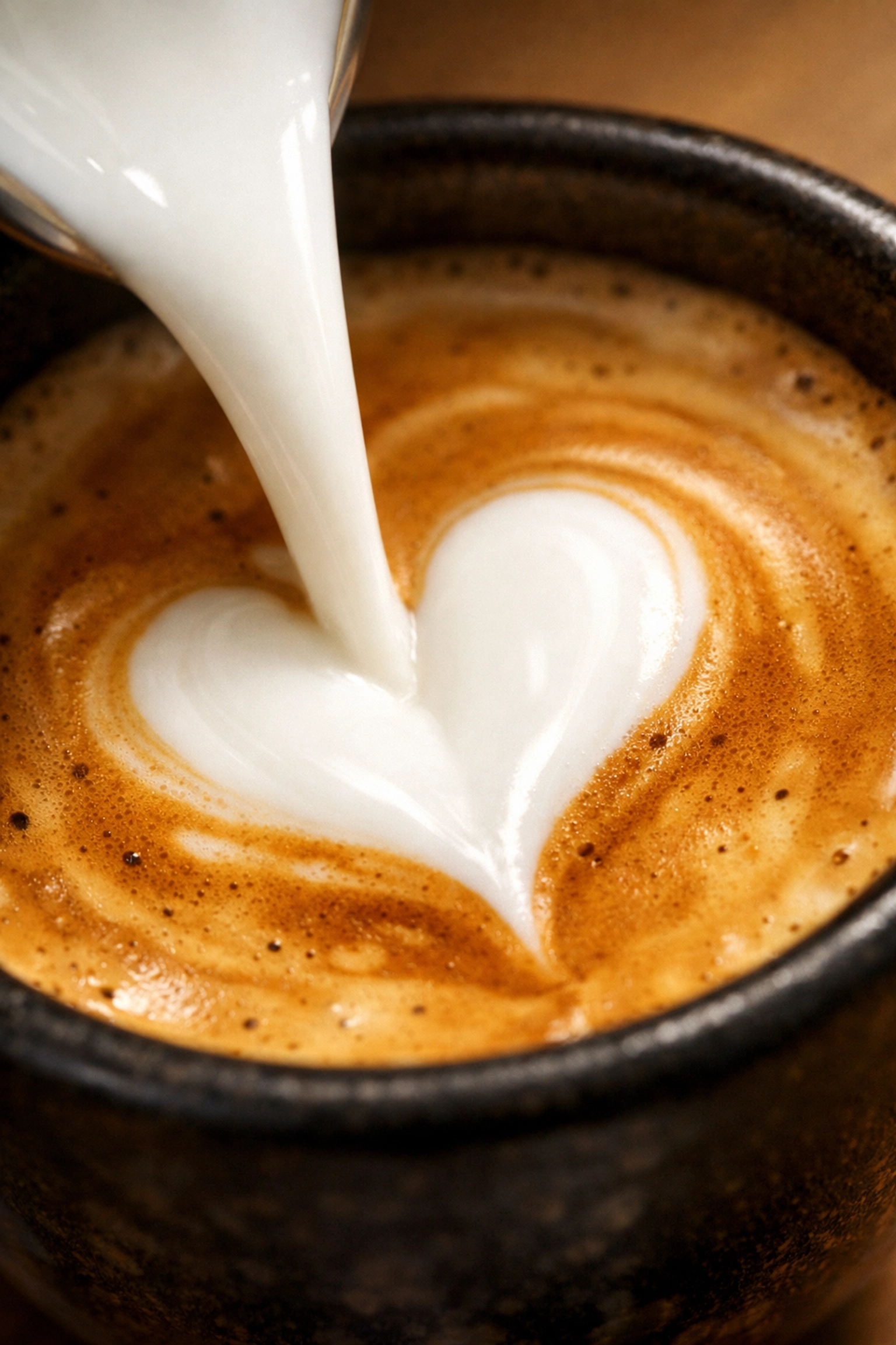 Pouring silky micro-foam milk into espresso to create professional latte art.
