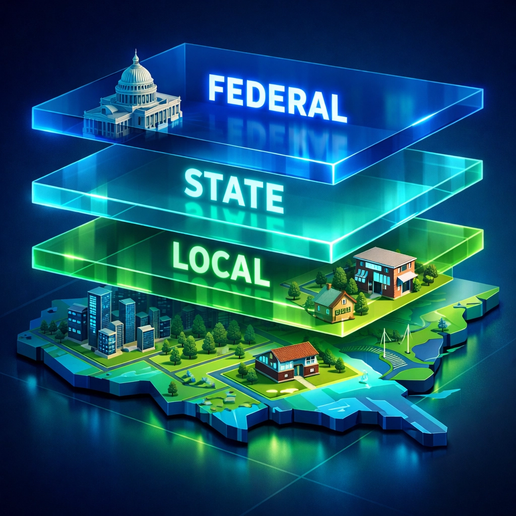 Layers of government icons showing federal, state, and local tax compliance and tax preparation help.