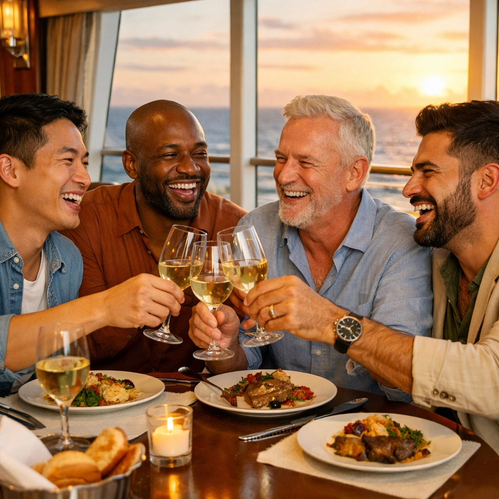 Gay friends bonding over dinner on LGBTQ+ cruise vacation