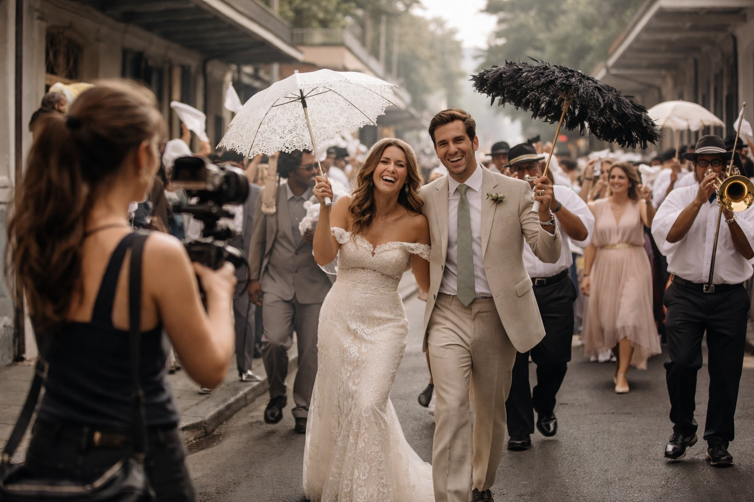 Female videographer captures an opposite-sex couple’s first look in a lush New Orleans courtyard