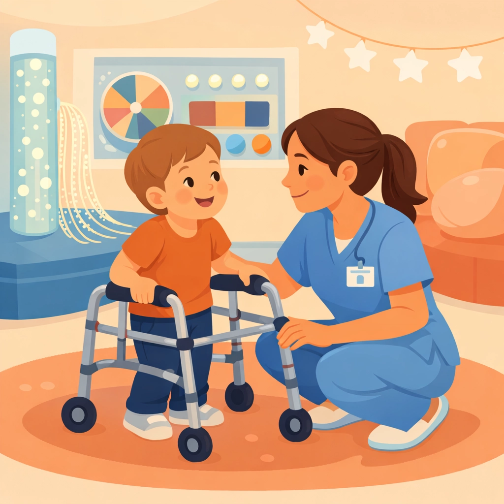 GAPP pediatric nurse providing care to a child with mobility challenges in a modern sensory room.