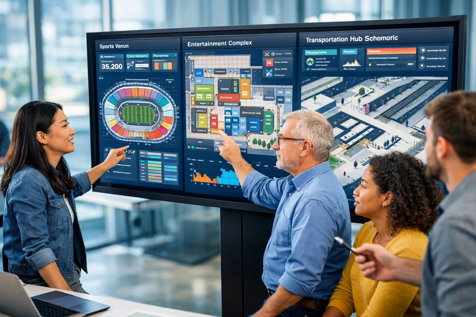 Multi-sector media strategy team collaborating on sports, entertainment, and transportation solutions