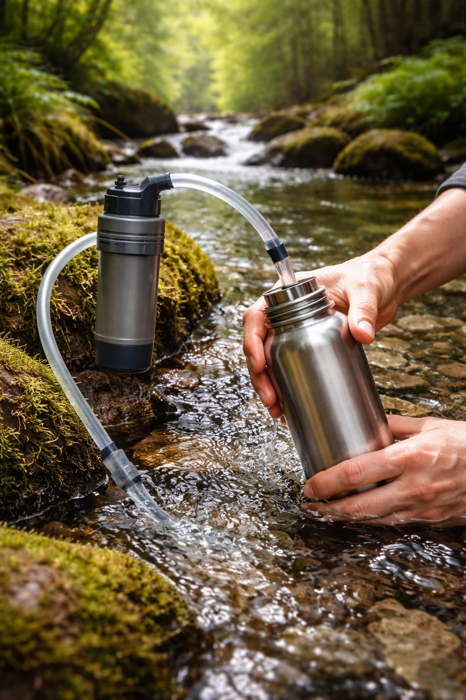 Using a portable water filtration system to fill a bottle from a clean mountain stream while camping
