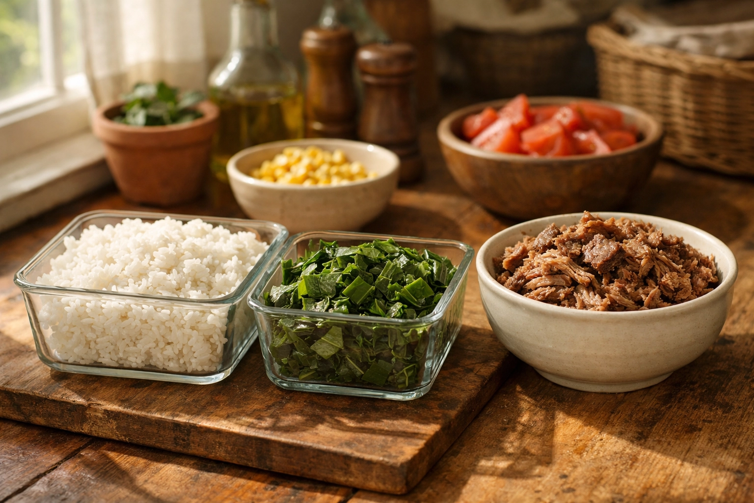 Southern leftovers stored in glass containers on a rustic counter for food safety and meal prep.