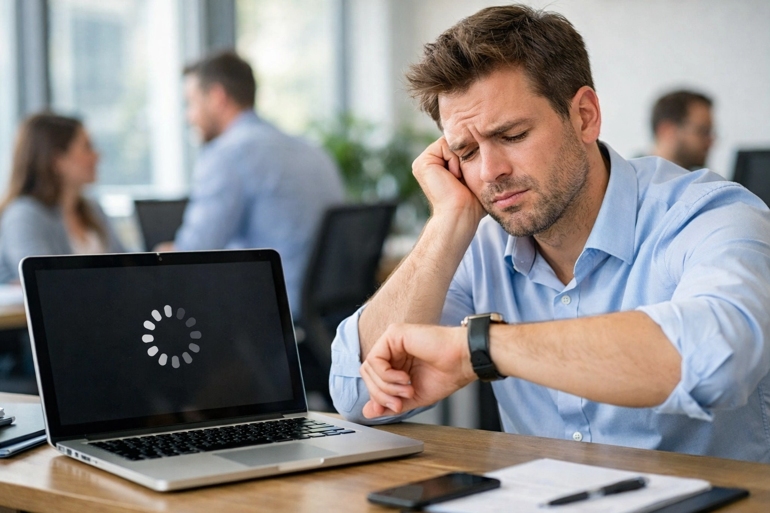 Frustrated employee waiting for slow IT support response while checking watch at office desk