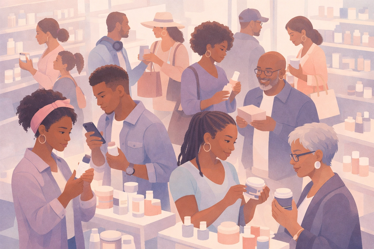 Diverse Black consumers making thoughtful purchasing decisions in modern retail environment