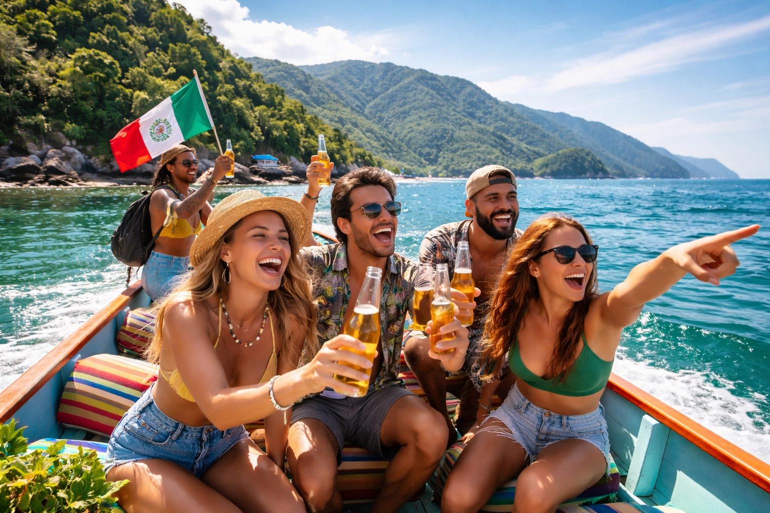 Solo travelers enjoying a boat tour in Banderas Bay, Puerto Vallarta, connecting and making friends on the water.