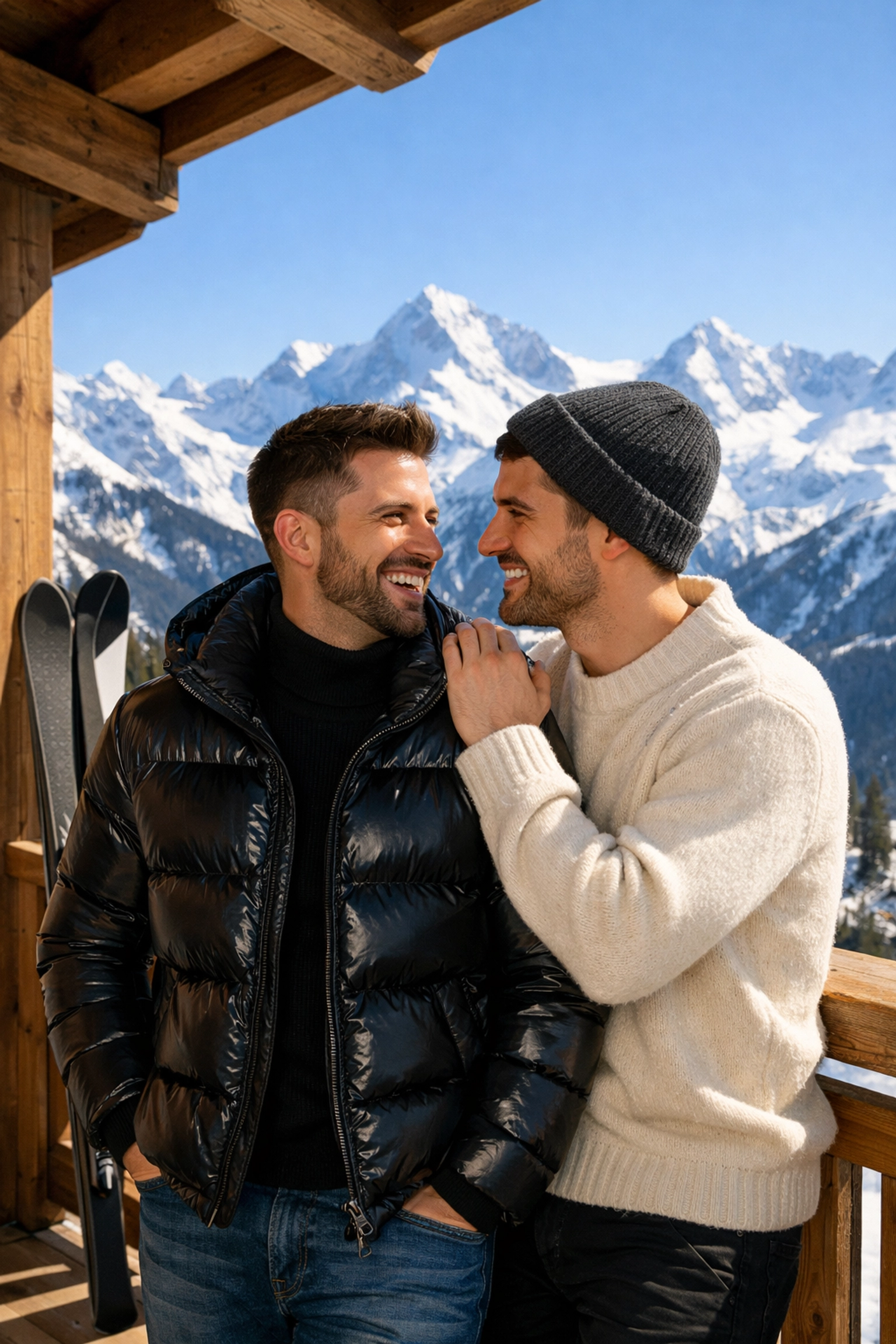 Two gay men laughing on a luxury chalet balcony in the Swiss Alps during a romantic winter ski holiday.