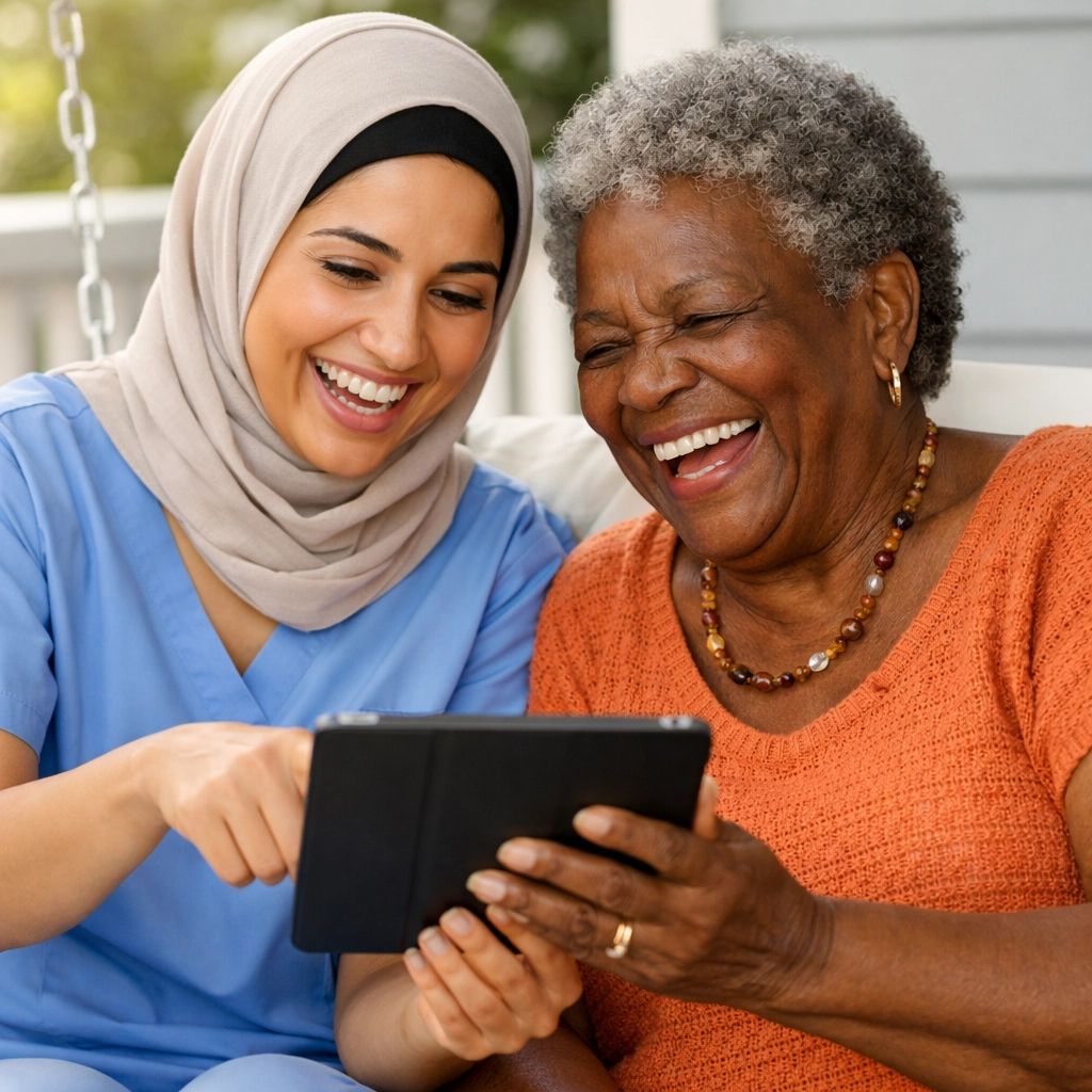 Companion caregiver engaging senior in social activity on home porch