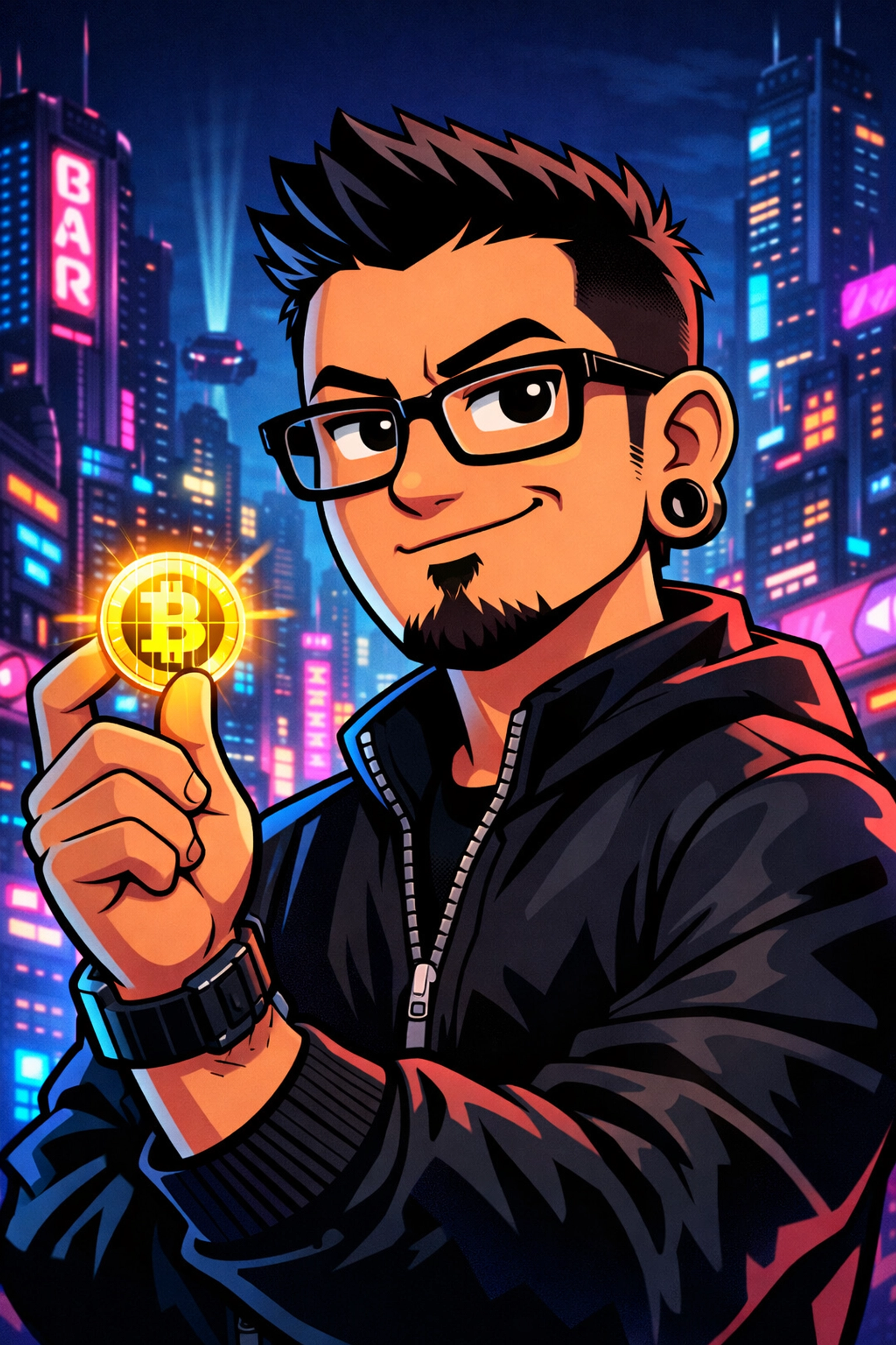 Cyberpunk mascot holding a holographic coin representing financial literacy and AI strategy consultation.