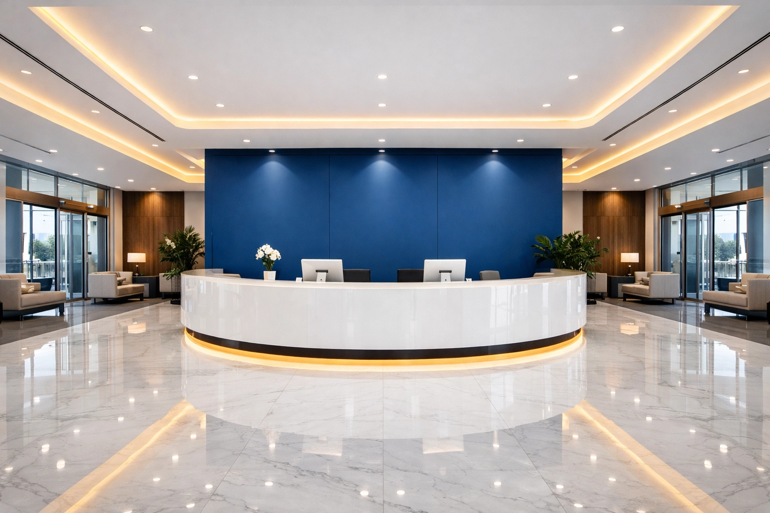 A spotless modern office lobby in Milford after a professional deep cleaning and office cleaning service.