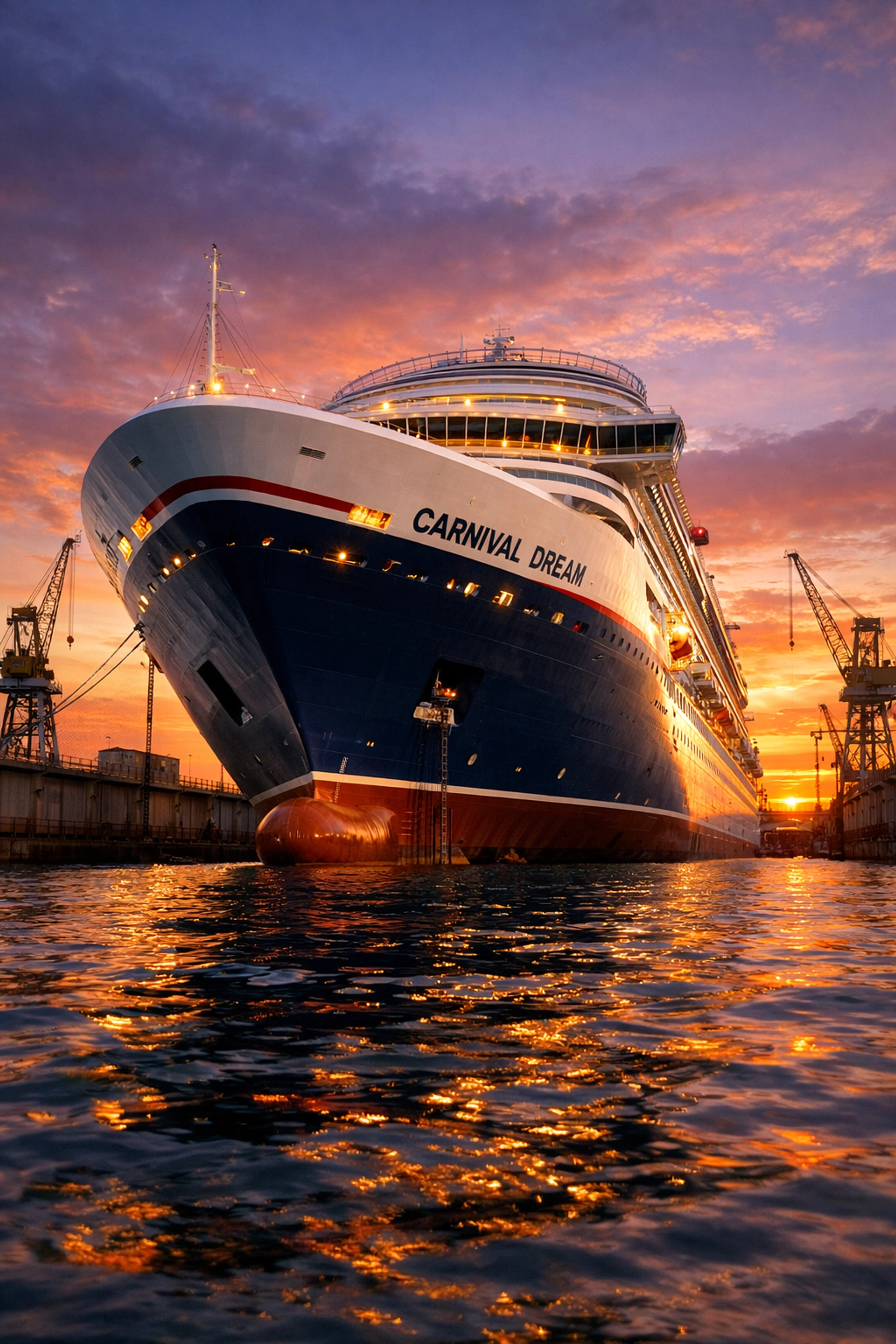 Freshly painted Carnival Dream cruise ship in dry dock at sunset before returning to Galveston.