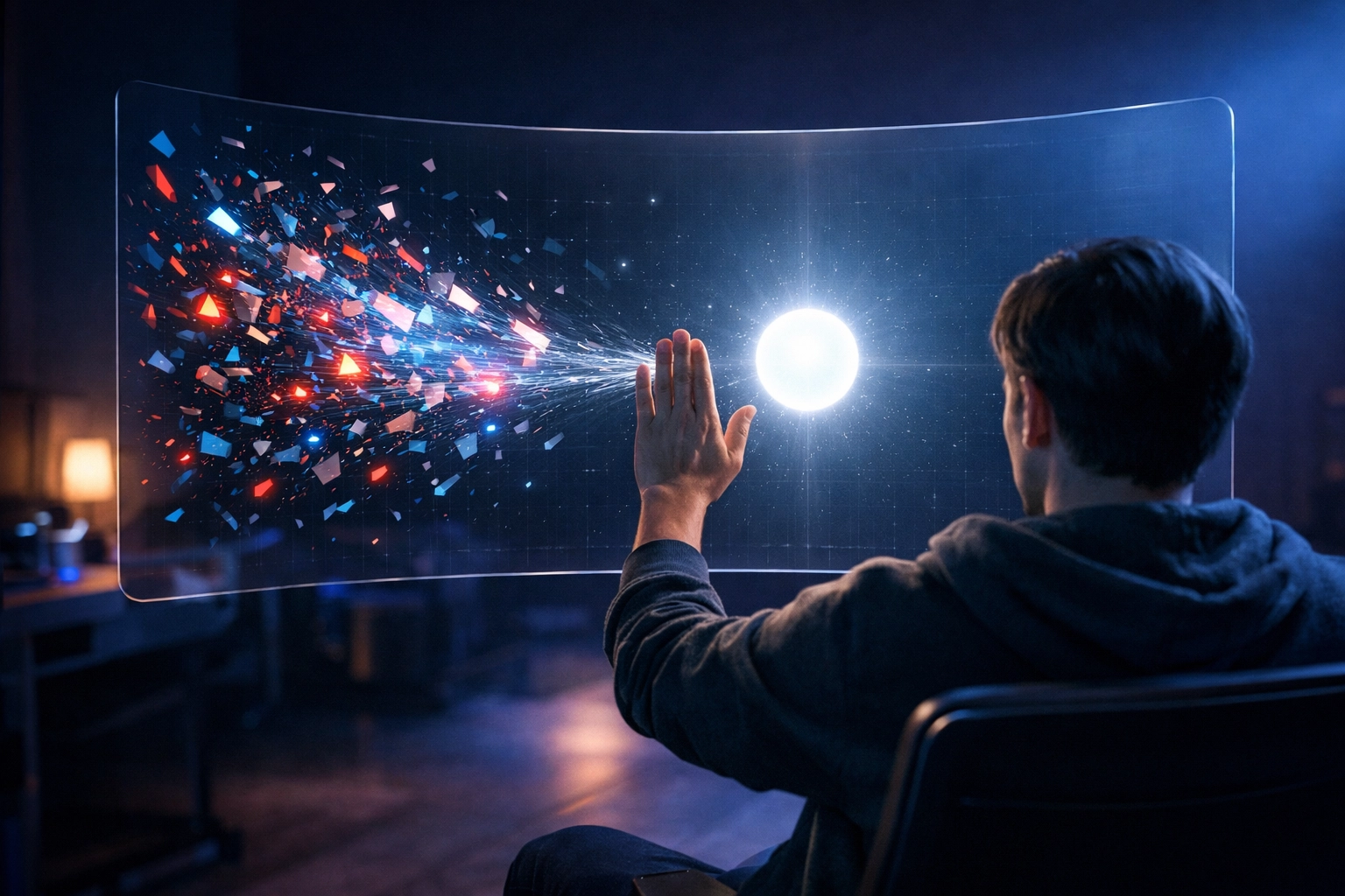 A person clearing digital clutter from a holographic interface to achieve mental focus and clarity.