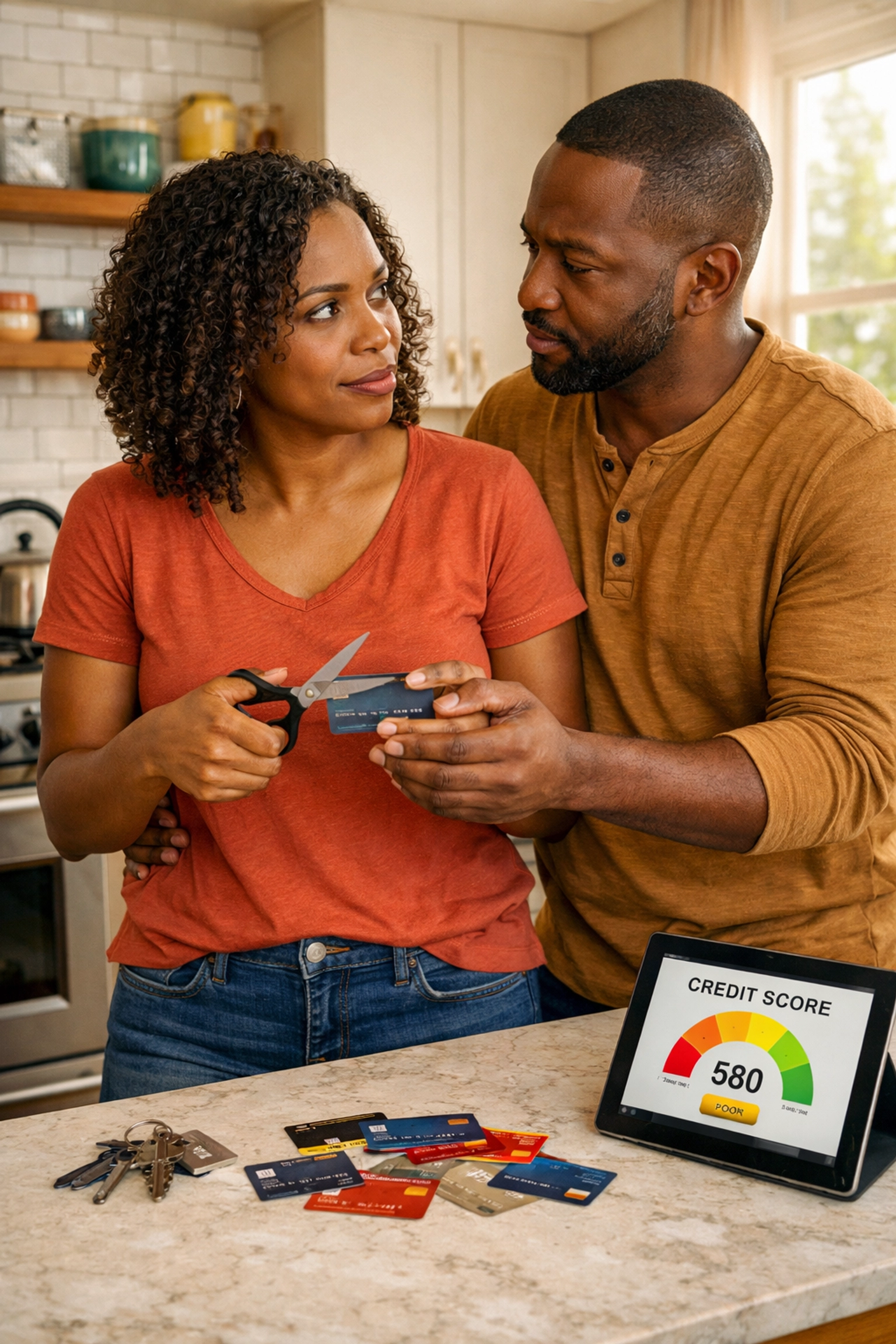 Couple managing credit cards before home closing to avoid mortgage denial