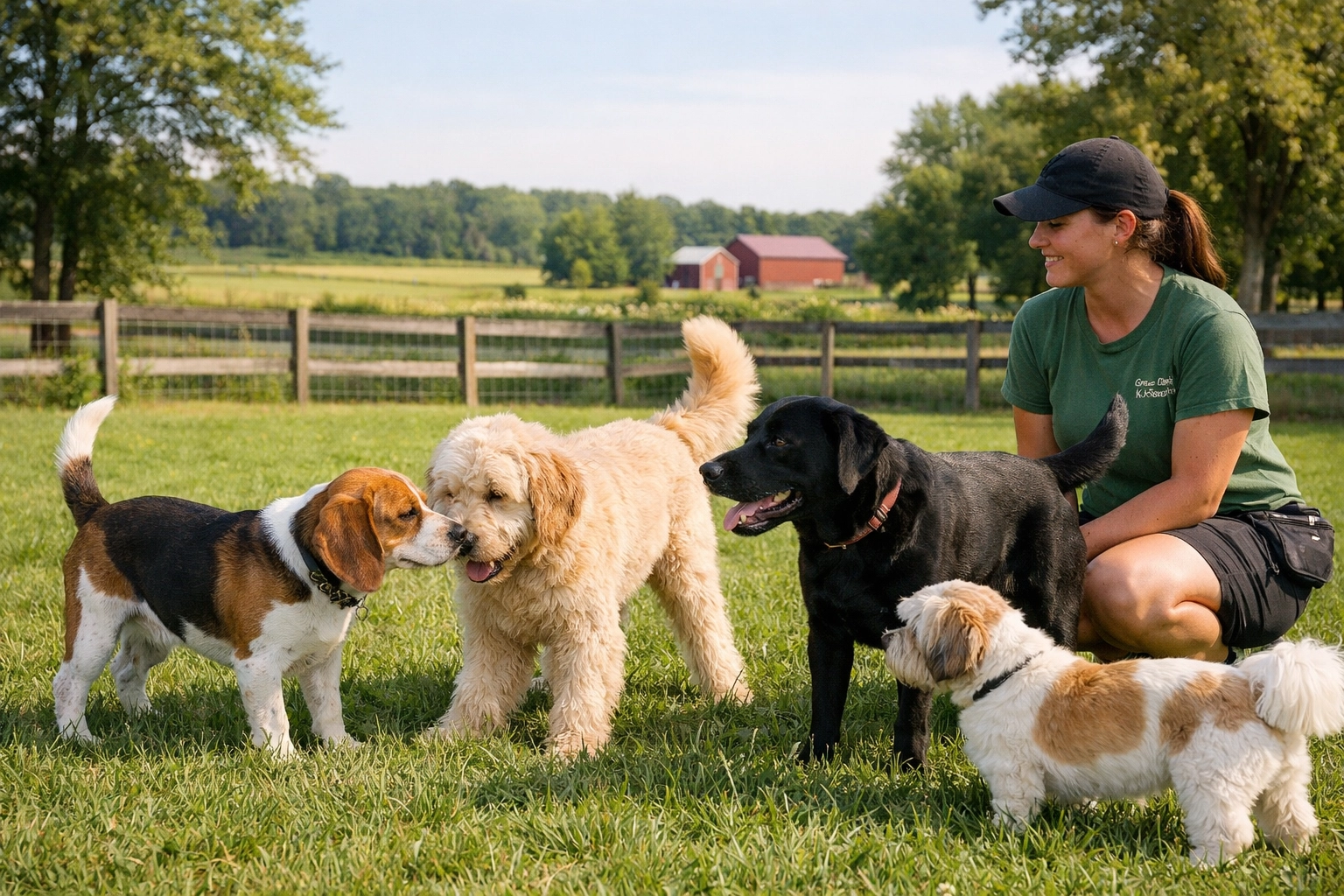 Supervised dog playgroup with professional staff monitoring canine behavior