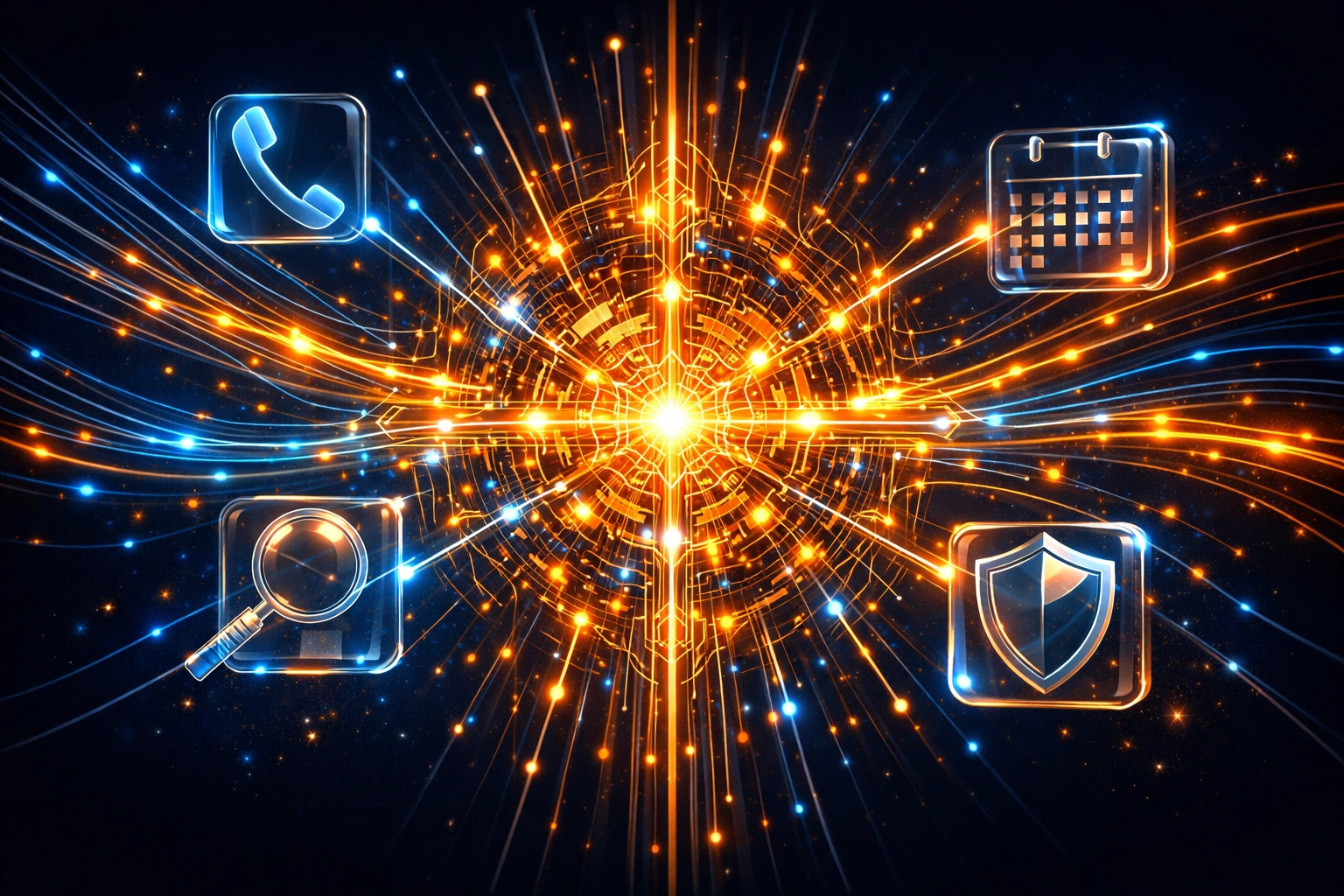 A digital neural network representing an integrated AI operating layer for scalable business architecture.