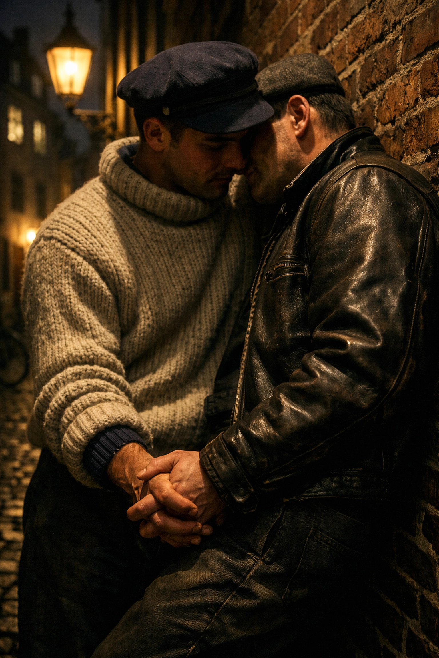 Historical depiction of two men holding hands in a dark Copenhagen alley, representing Vesterbro's queer history.