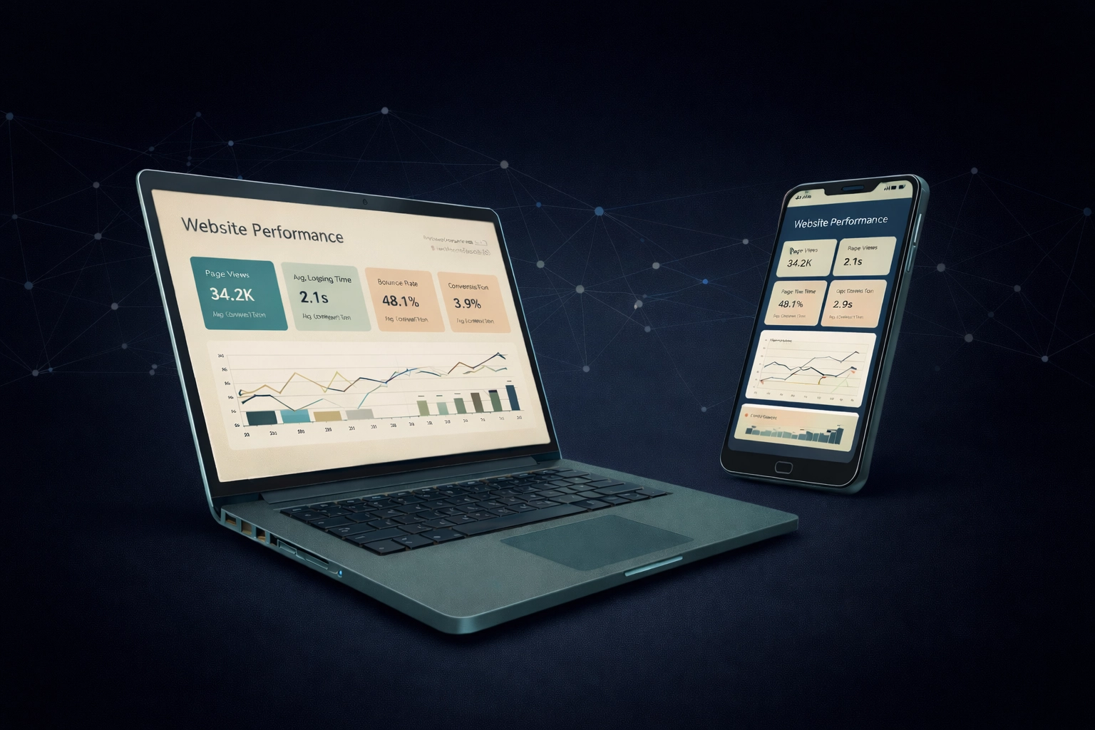 Website performance across laptop and mobile devices showing fast connectivity