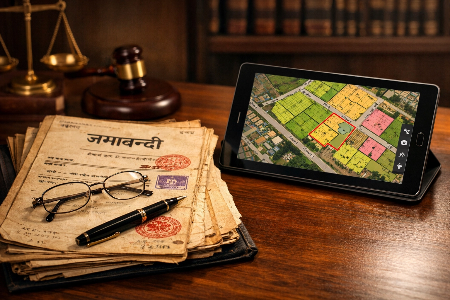 Lawyer's desk with traditional Jamabandi land records and a digital map for thorough property title search in India.