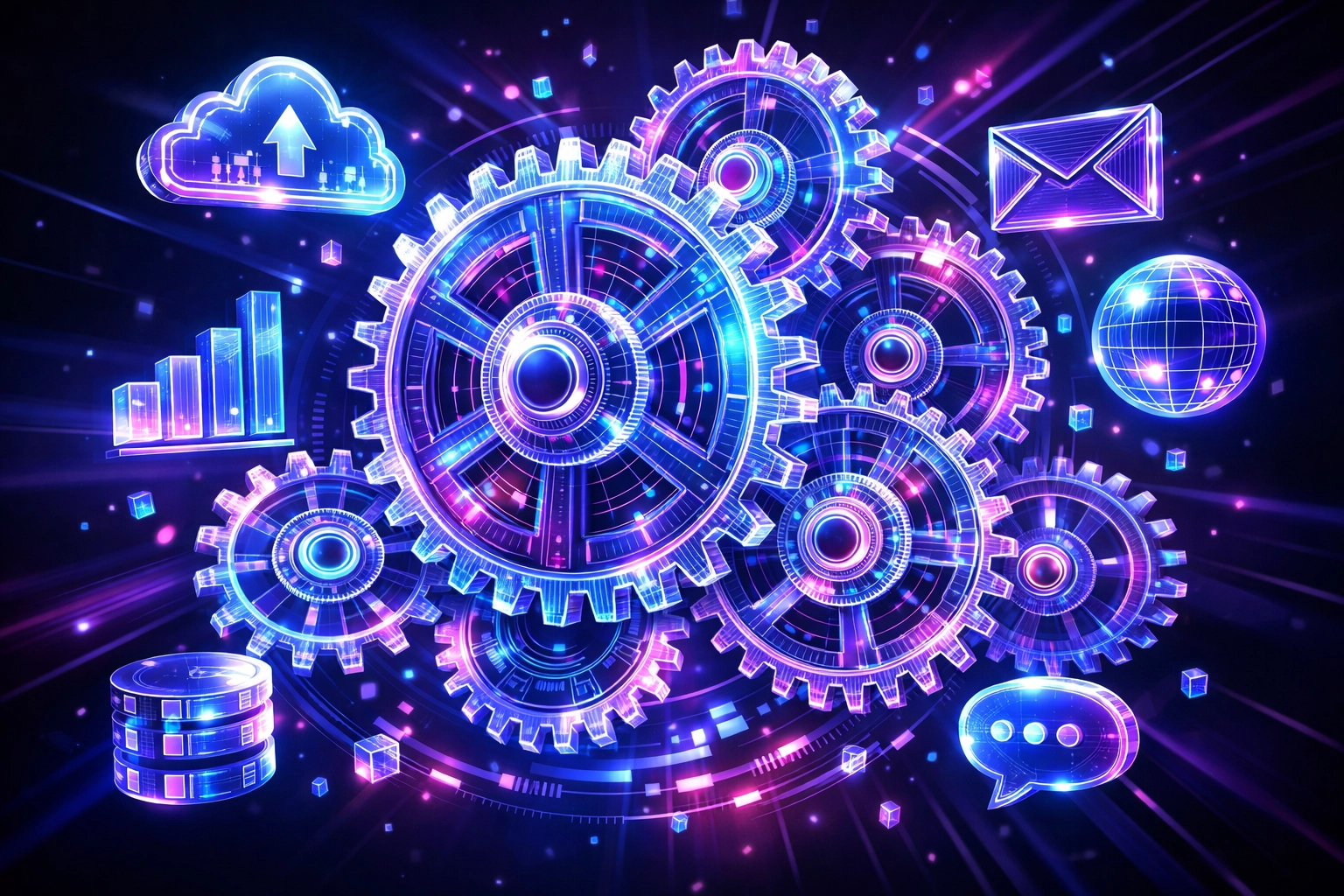 Vernetztes Uhrwerk aus digitalen Schaltkreisen als Symbol für Workflow-Automatisierung.