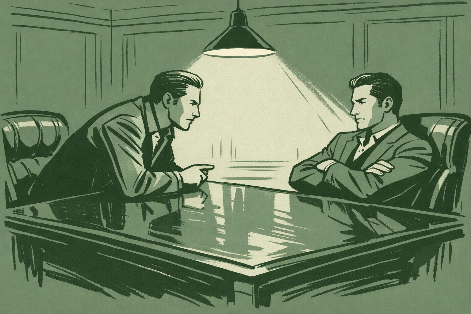 Two men facing each other across table in tense confrontation - gay crime thriller scene