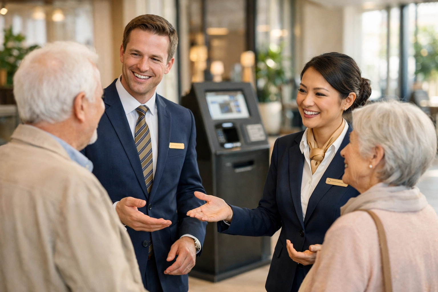 Hotel staff providing personalized guest service while self-check-in kiosk operates in background