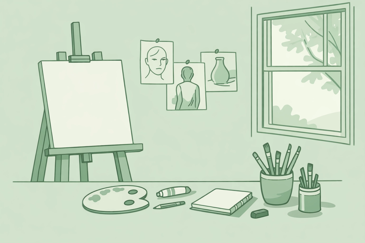 Visual art studio workspace representing Hunter Schafer's artistic practice and identity