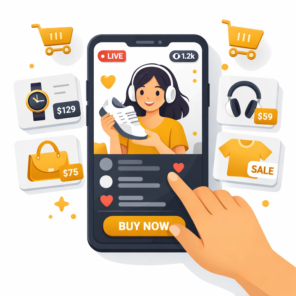 Live shopping platform interface showing interactive product cards and mobile checkout features