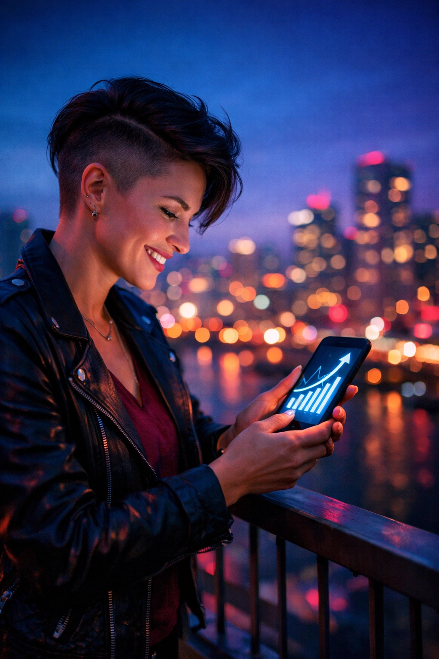 A lesbian author checking her MM romance series sales analytics and growth on a smartphone.
