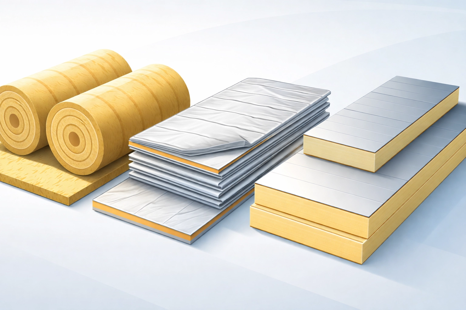 Neatly arranged loft insulation materials including mineral wool, multifoil, and PIR boards