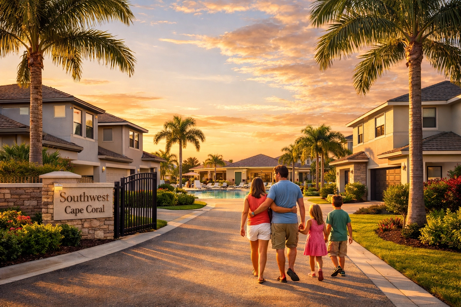 Gated community in Cape Coral Southwest quadrant with modern homes and family amenities