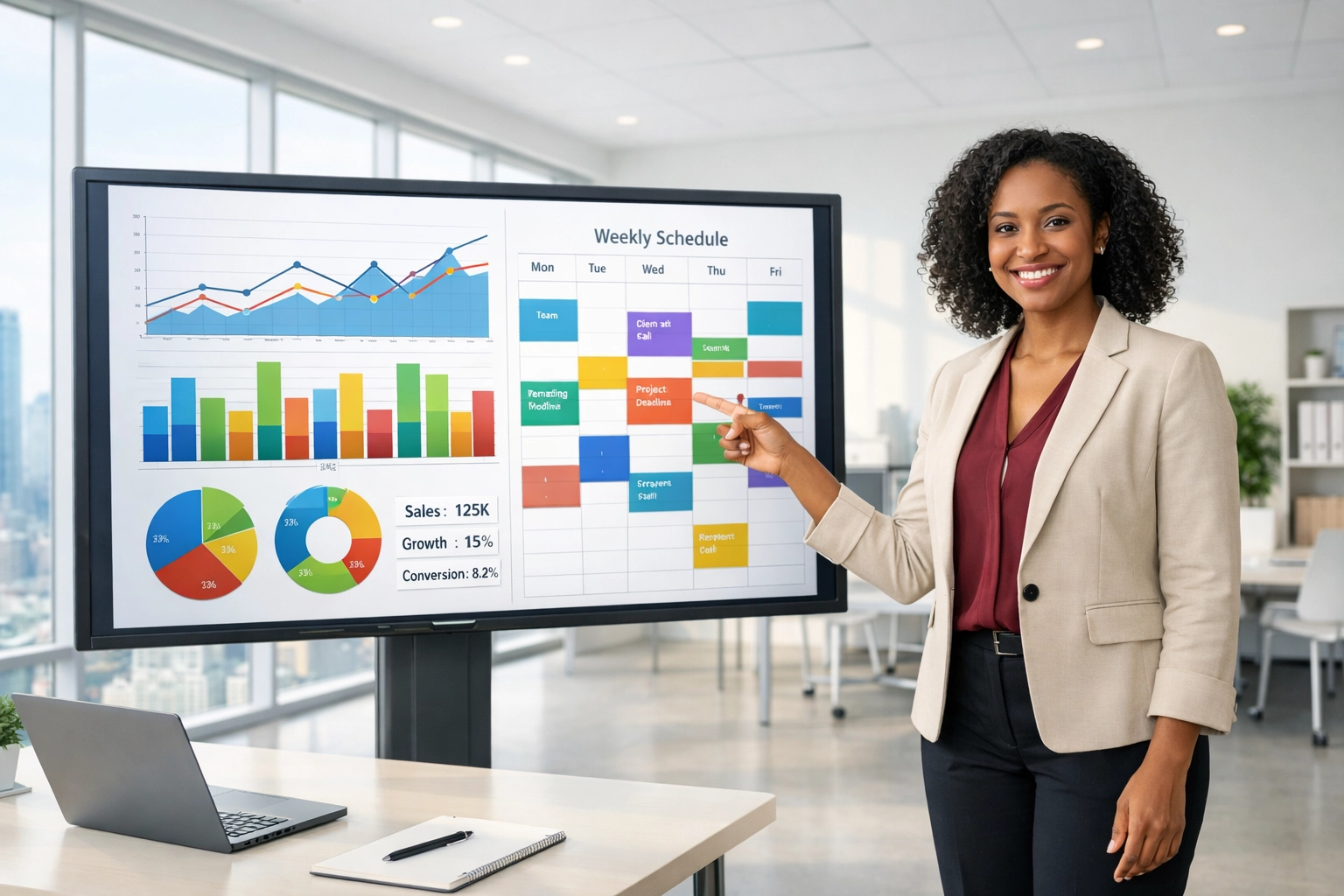 Professional consultant explaining data-backed schedule optimizations for trucking business management services.