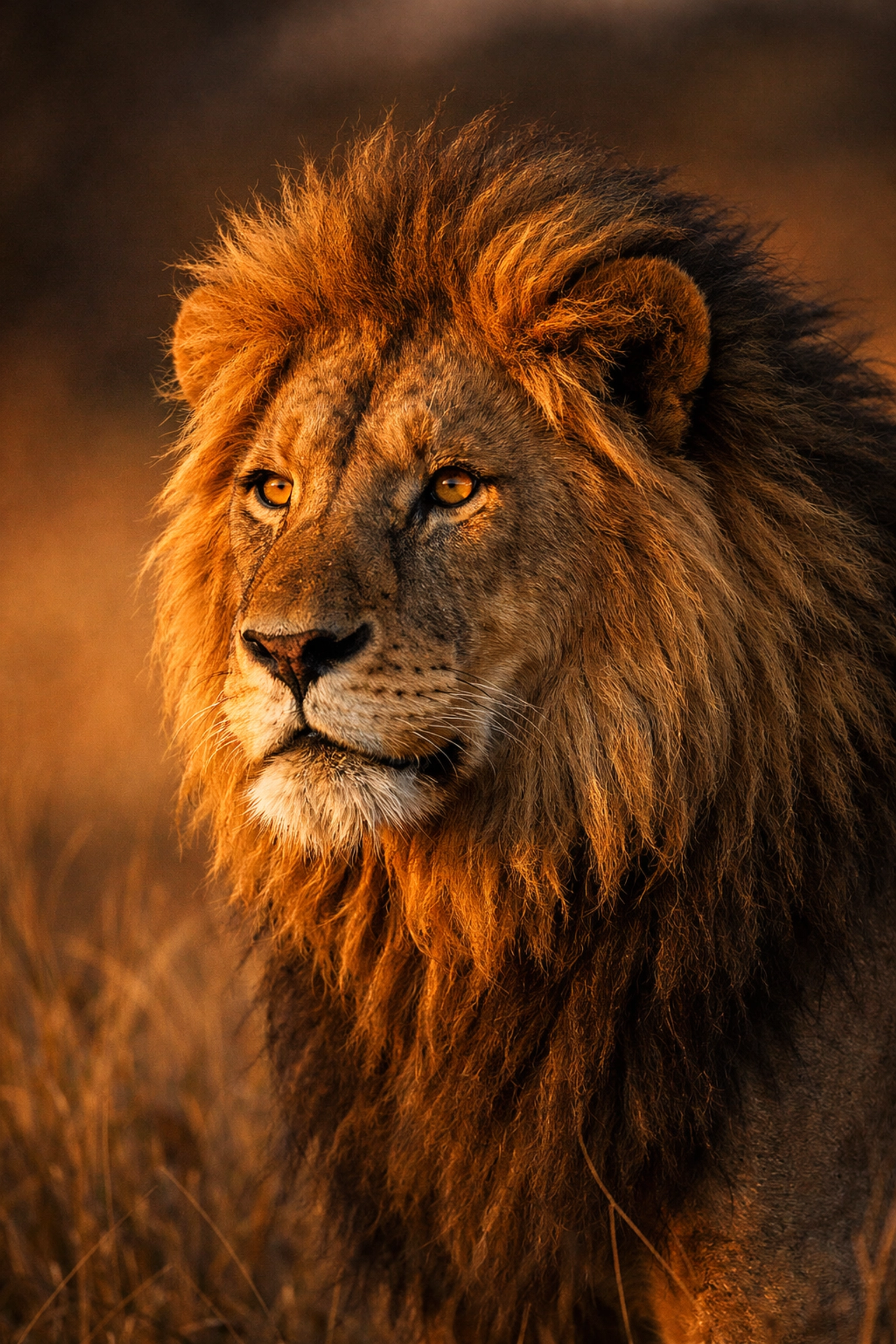 Male lion portrait with detailed mane in golden hour lighting for stock photography