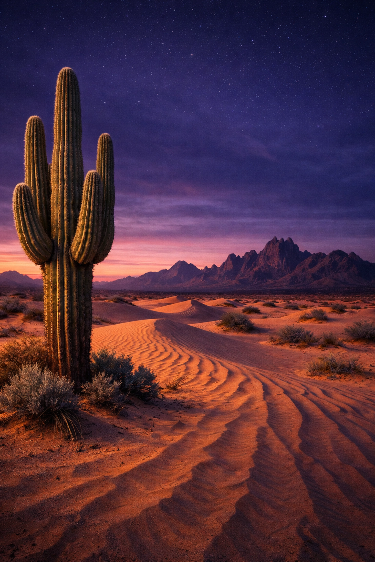 Wide-angle landscape photography of a desert with a cactus foreground and sand dunes at twilight.
