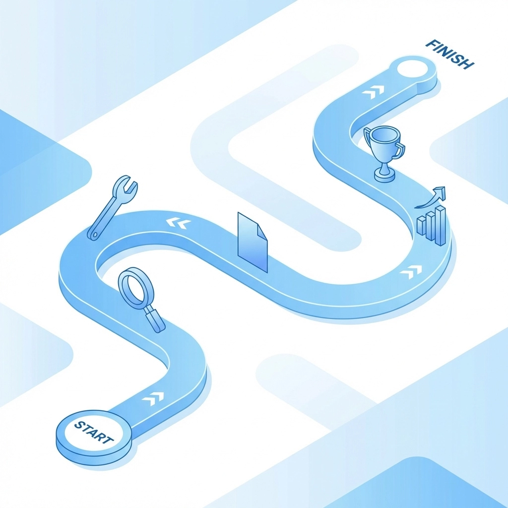 Illustrated roadmap with five milestone icons showing the step-by-step process for effective SEO strategy