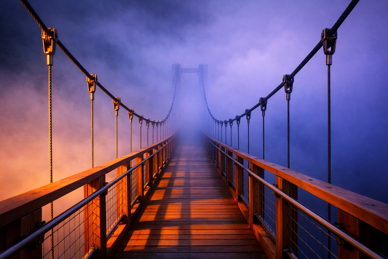 A modern wooden bridge stretching into a violet mist, symbolizing the latency between a leader's intent and team impact.