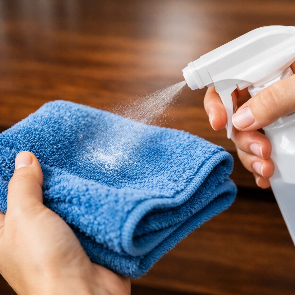 A professional cleaning technique spraying a microfiber cloth for a thorough deep cleaning in Marlborough.